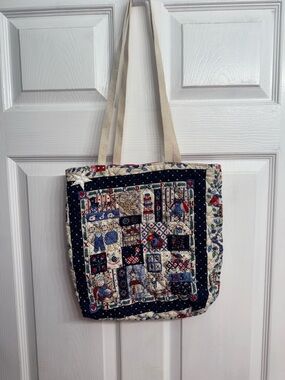 Quilted Patchwork Tote Bag with teddy bears Navy and Cream